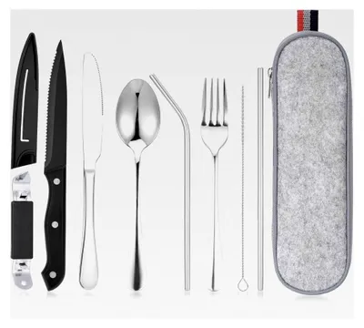 Produktbild von Reisebesteck Camping, 9-teiliges Edelstahlbesteck mit Bestecktasche, tragbares Besteck für Reisen, Camping, unterwegs und Outdoor-Aktivitäten