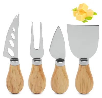 4-teiliges Kaasmesser-Set aus Edelstahl mit Holzgriffen