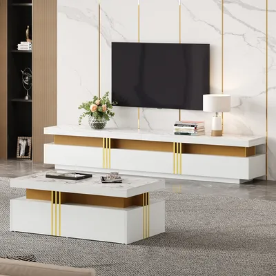 Produktbild von okwish TV-Wandkombination, Wohnzimmer-Wandkombination, Couchtisch + TV-Schrank, multifunktionale Schrankkombination, Weiß