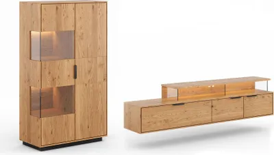 Produktbild von Wohnwand Tirano Wohnzimmer-Set Massivholz geölt Ausführung wählbar,Vitrine, Lowboard,Eiche Natur
