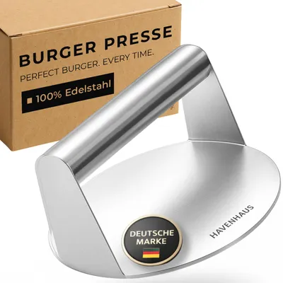 Produktbild von 𝗛𝗔𝗩𝗘𝗡𝗛𝗔𝗨𝗦 Burgerpresse Edelstahl 14,5cm ø I Burger Smasher ideal für Smash Burger I Smash Burgerpresse ohne ankleben I Hamburgerpresse
