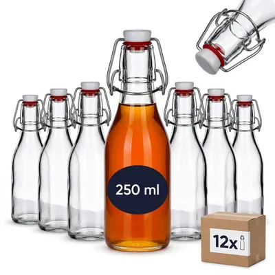 Produktbild von gouveo 12er Set Glasflasche 250 ml rund mit Bügelverschluss (0,25 l) – leere Bügelflaschen zum Befüllen für Saft, Sirup, Likör, Öl & Essig (BFR250)