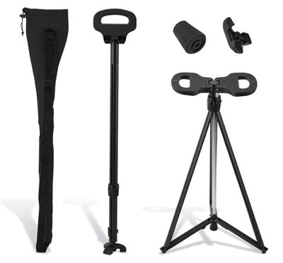 Produktbild von Gehstock mit Sitz - Zusammenklappbarer Stockhocker - 2-in-1 - Leichtes Aluminium - Kunststoffgriff - Tragetasche - Schwarz