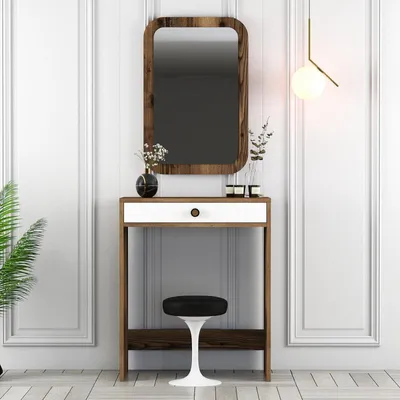 Image de Coiffeuse avec Miroir - 70 x 40 x 85 cm - Noyer et Blanc