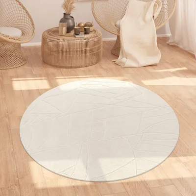 Produktbild von Teppich Kurzflor waschbar Struktur Wohnzimmer schmutzabweisend Creme Rund 160D | 100% Polyester | Florhöhe: 12 mm