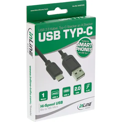 Produktbild von InLine® Basic USB 2.0 Kabel, Typ C ST an A ST, schwarz, 1m