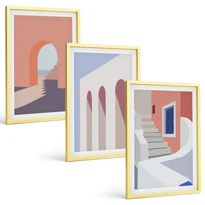 Produktbild von Bilder Set 3-teilig im Goldrahmen Rahmen – Wandbilder 3 Stück – gerahmte Poster für Wohnzimmer, Schlafzimmer und Flur – 40x60 cm – Minimalistische Architekturillustrationen