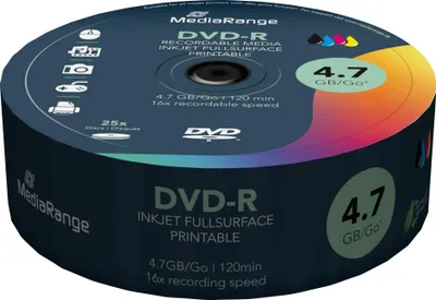 Produktbild von MediaRange DVD-R 4.7GB|120min 16-fache Schreibgeschwindigkeit, vollflächig bedruckbar, 25er Pack, MR407