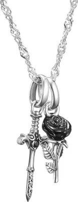 A silver necklace with a sword and rose pendant.