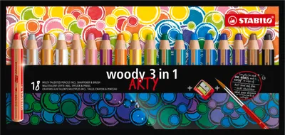 Immagine prodotto di Matita colorata, acquerello e pastello a cera - STABILO woody 3 in 1 - ARTY - Confezione da 18 con temperino e pennello - con 18 colori diversi