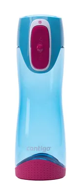 A blue Contigo water bottle with a pink base and lid.