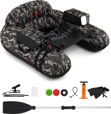 Produktbild von GOPLUS aufblasbares Belly Boot, Angelboot mit Flossen, verstellbarem Angelrutenhalter, Staufächern etc., Schlauchboot für 1 Person, 111 x 104 x 46 cm