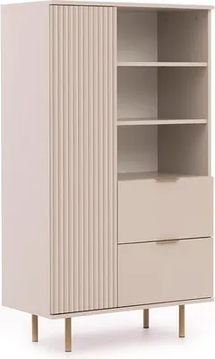 Produktbild von BETTSO Bücherregal mit Schubladen 80cm BIANCO Cashmere auf goldenen Beinen geriffelte Fronten