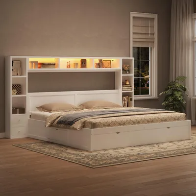 Immagine prodotto di Letto matrimoniale 180x200 cm con 7 cassetti, vani portaoggetti, LED a 7 colori, testiera e pediera, bianco