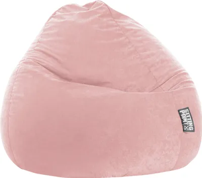 A pink beanbag chair is shown against a white background.