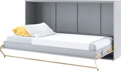 A wall bed in an open position, with a mattress, pillows, and bedding.