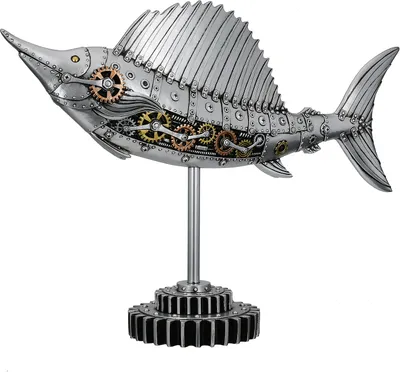 Immagine prodotto di Gilde Figur, Schwertfisch, "Steampunk Sailfish", Zahnradmotiv, Kunstharz, silberfarben, VE 1, L. 14 cm, B. 50 cm, H. 36 cm 58859 4063387588598