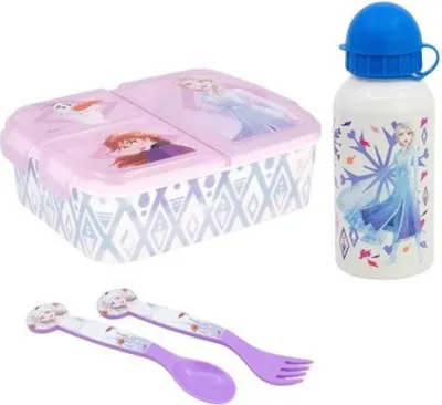 Produktbild von Disney Die Eiskönigin Elsa 4 tlg Kinder Set Brotdose Alu-Trinkflasche Besteck