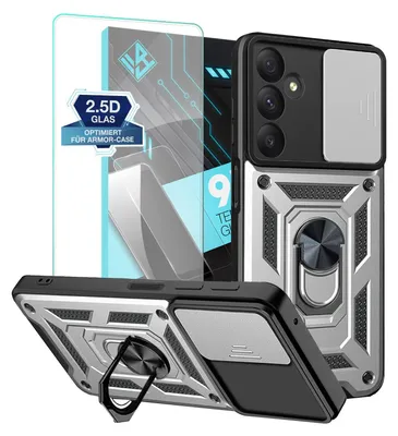 Produktbild von Armor Handyhülle für Samsung Galaxy A55 5G mit 9H Displayglas Displayschutz Kameraschutz Handy Panzer Case Cover Schutzhülle Outdoor Farbe: Silber