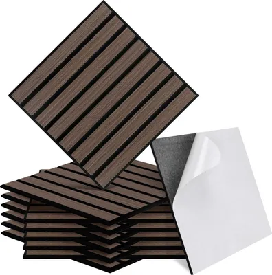 Zdjęcie produktu dla Izrielar 12 szt. paneli akustycznych 30x30 cm, panele ścienne do dekoracji wnętrz, drewniane panele ścienne, ściana z czarnych listew orzechowych na filcu