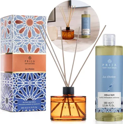 Obrázok produktu pre PRIJA Jus d'Ambre Luxusná sada: aromatické vonné tyčinky 200 ml + NÁPLŇ/NÁHRADNÁ 380 ml, PREMIUM vôňa s dlhotrvajúcim účinkom