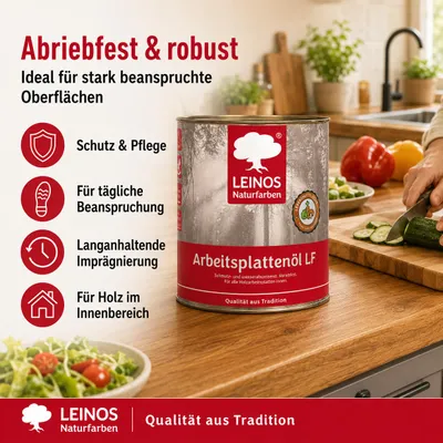 Produktbild von LEINOS Arbeitsplattenöl LF 2,5 l – Arbeitsplattenöl LF innen, abriebfest, KI-generiertes Bild