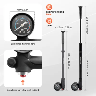 Produktbild von ROCKBROS Fahrrad- & Dämpferpumpe Alu, Schwarz, mit Manometer, max. 300 PSI / 20,68 Bar, für Vorderradgabeln & Dämpfer, Presta- & Schrader-Ventile, 33-52cm, ca. 167g, tragbare Schlauchlagerung
