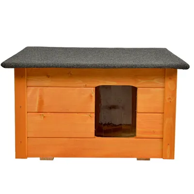 A wooden cat house with a dark gray roof, shown from the front against a white background.