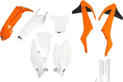 Produktbild von Verkleidungskit UFO PLAST 10-teilig Verkleidungssatz Kunststoff mit Gabelschutz für KTM SX SX-F Racing 125 - 450 ccm Bj. 2016 - 2018, Farbe:weiß / orange / schwarz