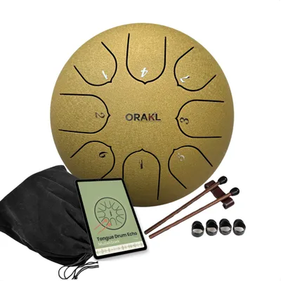 Produktbild von Orakl® - Steel Tongue Drum Echo Sonnenschein Gold - Inklusive Lehrbuch - Handpfanne ø 16 cm - Zungentrommel - Rain Drum - Regentrommel - Klangschale