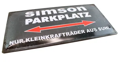 Produktbild von Simson Blechschild 25x50 cm, grau/weiß, Motiv SIMSON Parkplatz, leicht gewölbt für 3D-Optik, Stahlblech, vorgebohrte Löcher, original MZA-Fan Artikel