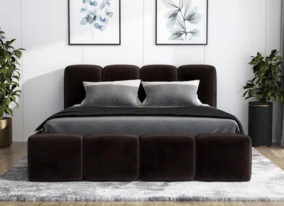 Produktbild von Polsterbett MOND mit Bettkasten und Metallgestell 160 x 200 cm. Modernes Doppelbett mit Stauraum, mit Matratze. Farbe: Dunkelbraun