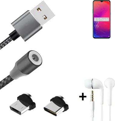 Produktbild von K-S-Trade® Hochwertiges Magnet-Lade-kabel Sync-Kabel Daten-Kabel + Kopfhörer für Doogee X95 Pro mit USB-Typ-C-Anschluss und Micro-USB-Anschluss 2A