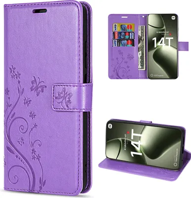 A collage of images showing a purple flip phone case with floral and butterfly designs, and a smartphone inside.