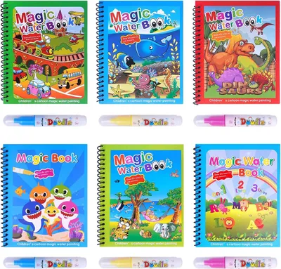 Zdjęcie produktu dla 6 sztuk zestawu do malowania wodą, zawierającego 6 książeczek do kolorowania, pisaki do malowania wodą, książeczki do kolorowania, zestaw do malowania wodą, książeczka do rysowania z pisakiem