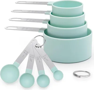 Produktbild von Messbecher & Messlöffel Set 8-teilig - stapelbare Küchenmessbecher für trockene & flüssige Zutaten, Edelstahlgriff