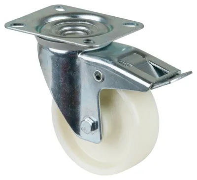 Produktbild von BS Rollen Transportrolle, Lenkrolle mit Totalfeststeller, Rad-Ø 100 mm, Tragf. 125 kg, Kunststoff , Bauhöhe 128 mm, Rollenlager