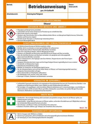 Produktbild von Dreifke® Betriebsanweisung Ethanol, CLP/GHS, Kunststoff, 210x297mm, ASR A1.3,...
