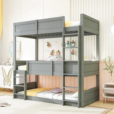 Produktbild von Dreibettzimmerbett 90 x 200 cm, Hochbett aus Massivholz, Etagenbett mit hohem Geländer, Kinderbett, Holzbett, 3 Schlafplätze, Grau