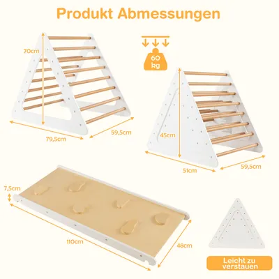 Produktbild von Costway Kletterset 3-in-1 für Kleinkinder ab 3 Jahren, Weiß + Natur, mit Kletterdreieck, Leiter, Rutsche & doppelseitiger Rampe, aus Kiefern- & Birkenholz, Maße: Große Dreiecksleiter 79,5x59,5x70cm; Kleine Dreiecksleiter 59,5x51x45cm; Aufstiegsrampe 110x48x7,5cm; 60kg, Stapelbar