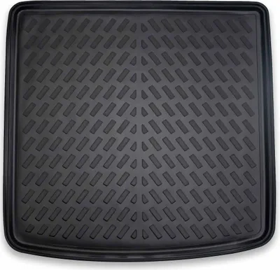 A top-down view of a black car trunk liner with a textured pattern.