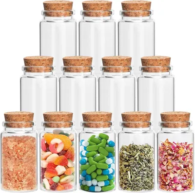 Obrázok produktu pre Sada 12 Mini Sklenených Fliaš s Zátkou 100 ml, 4,7 x 8,5 cm, pre DIY, Dekoráciu, Svadbu