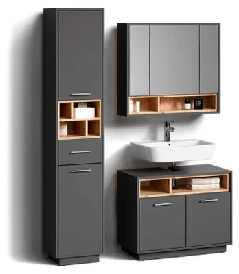 Produktbild von Badmöbel-Set Temo, Anthrazit, 3-teilig, mit Hochschrank