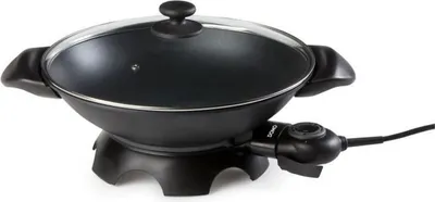 An electric wok with a glass lid is shown on a white background.