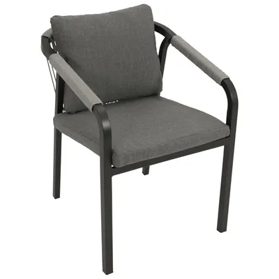 A single gray garden chair with armrests and cushions, shown from a front-side angle against a white background.