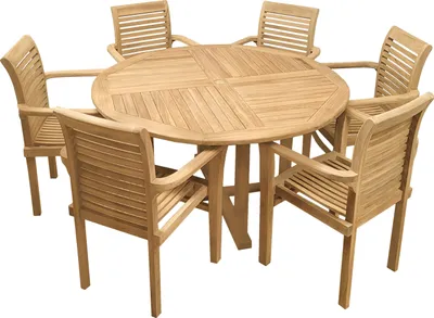 Produktbild von Endorphin Gartenmöbel Set 7tlg. Teakholz, Tisch rund 140cm, mit 6 Stühlen stapelbar