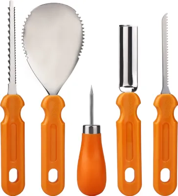 A set of five pumpkin carving tools with orange handles and silver metal blades, arranged in a row against a white background.