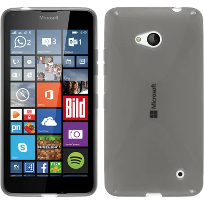 A Microsoft Lumia 640 phone with a gray protective case, shown from the front and back.