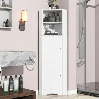 Produktbild von Badschrank, Badmöbel, Eckschrank mit zwei Ablagefächern, offenes Fach mit verstellbarem Einlegeboden,36.5 x 36.5 x 155 cm