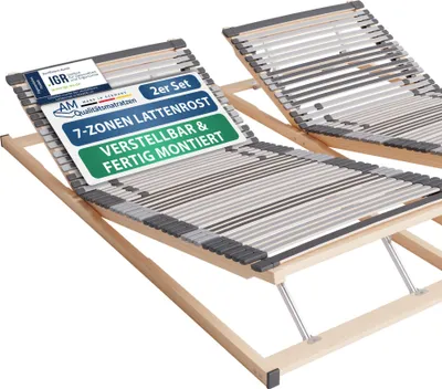 Two adjustable bed frames with slatted bases are shown in a studio setting.